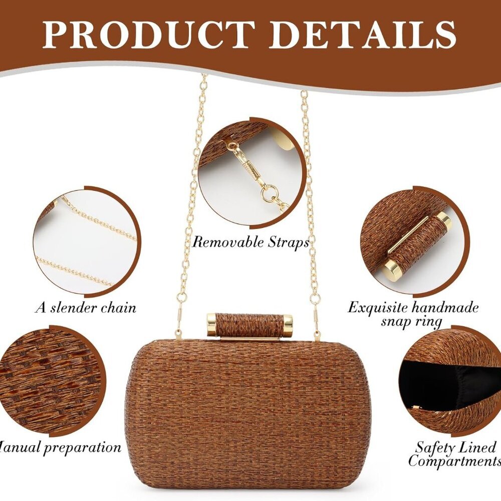 Small Straw Purse Clutch for Women,Woven Handbag Raffia Bag for Summer,Wicker Ev - Picture 3 of 6